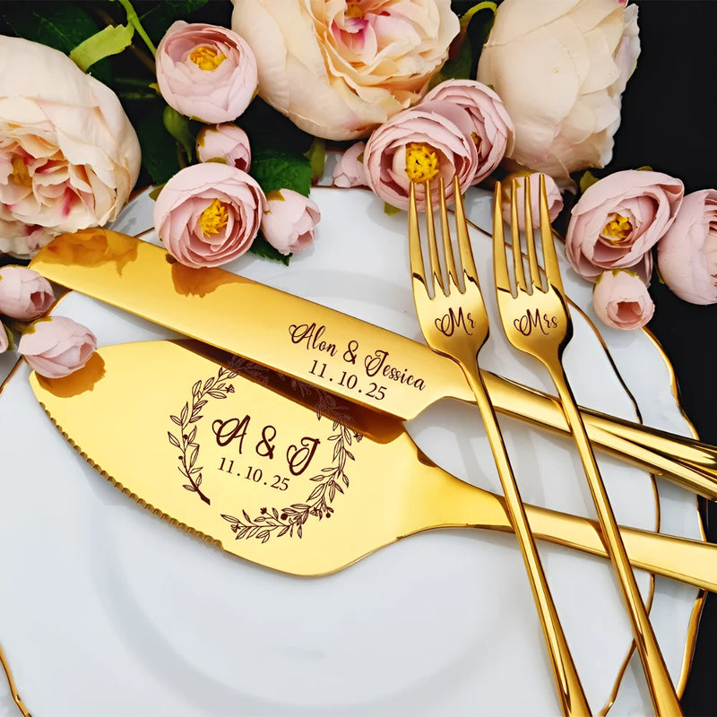 Personalised Wedding Cake Cutting Set – Engraved Knife, Server & Forks