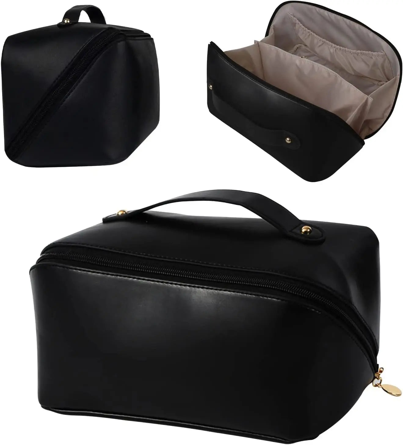 Black leather travel bag with handle and open view showing interior.