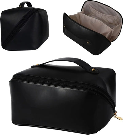 Black leather travel bag with handle and open view showing interior.