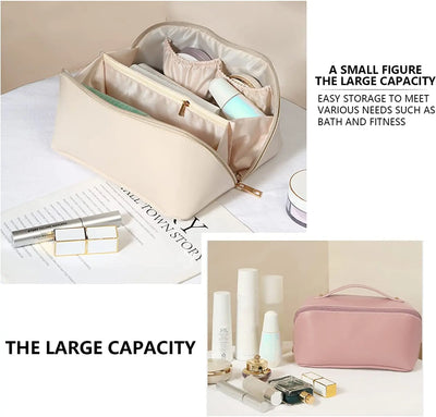 Cosmetic bag with products inside, shown with text highlighting its large capacity.