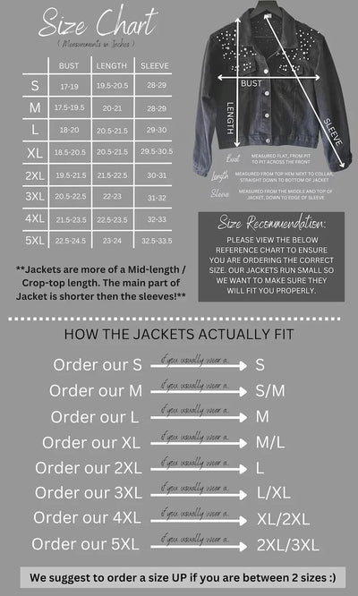 Size chart for jackets with measurements and fitting instructions.