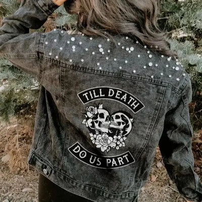 Denim jacket with skull and roses design and 'Till Death Do Us Part' text.