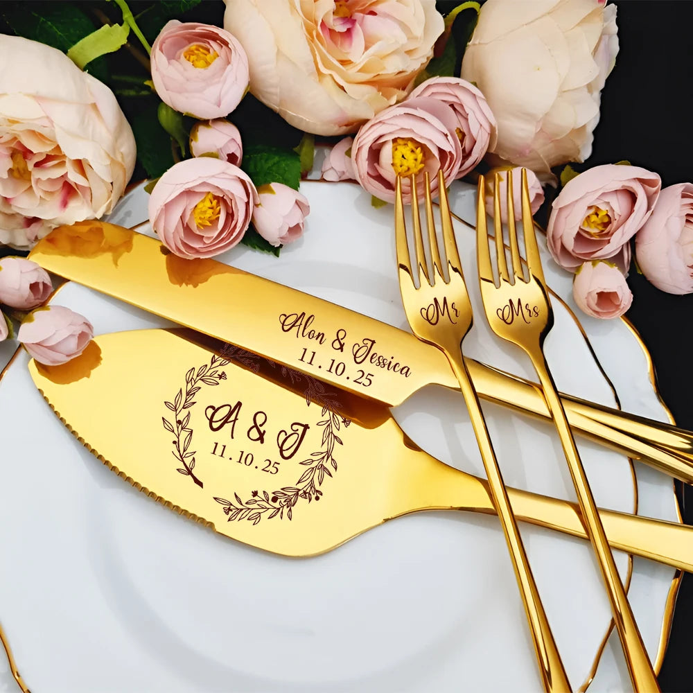 Gold Personalised Wedding Cake Cutting Set – Engraved Knife, Server & Forks
