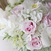 Close up of DIY Real Look Luxury Bridal Bouquet White Orchids & Pink Roses
