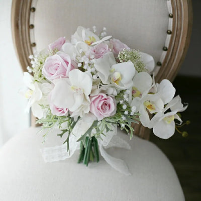 DIY Real Look Luxury Bridal Bouquet White Orchids & Pink Roses for wedding