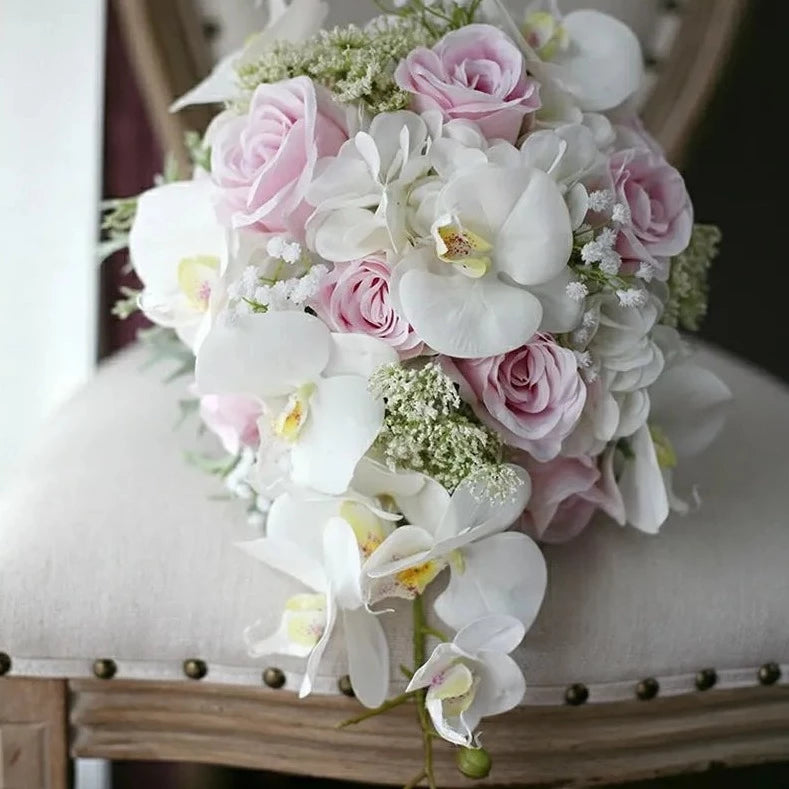DIY Real Look Luxury Bridal Bouquet White Orchids & Pink Roses