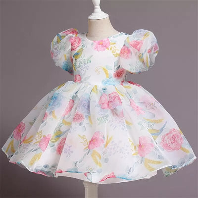 White Floral Puff Sleeve Flower Girl Dress