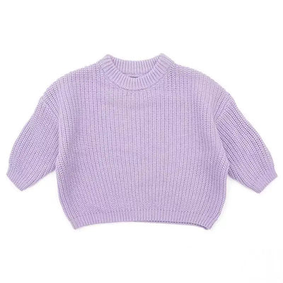 Lavender knit sweater on a white background