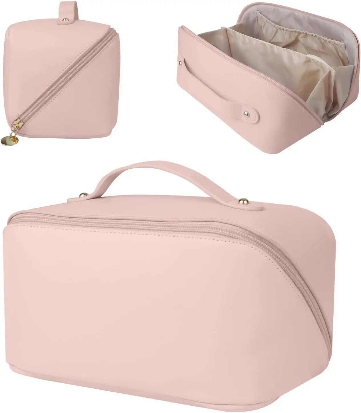 Pink cosmetic bag with gold zipper and handle on a white background