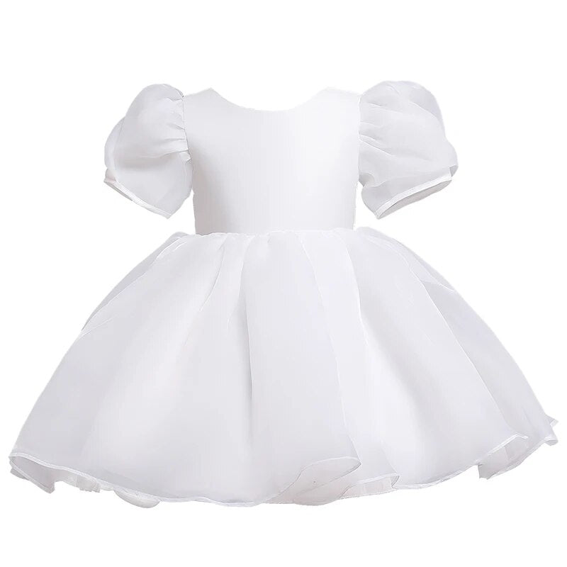 White Floral Puff Sleeve Flower Girl Dress