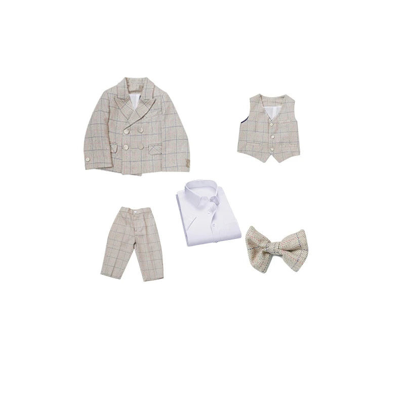 Timeless Beige Plaid Boys Suit Set