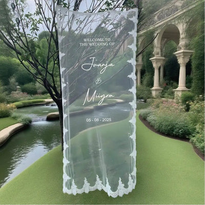 Romantic Sheer Lace Wedding Welcome Banner – Custom Transparent Signage