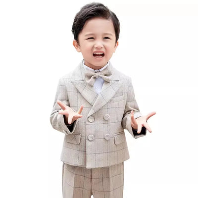 Timeless Beige Plaid Boys Suit Set