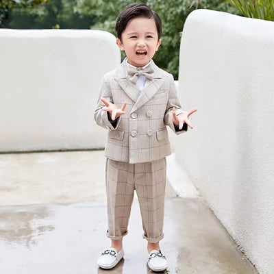 Timeless Beige Plaid Boys Suit Set