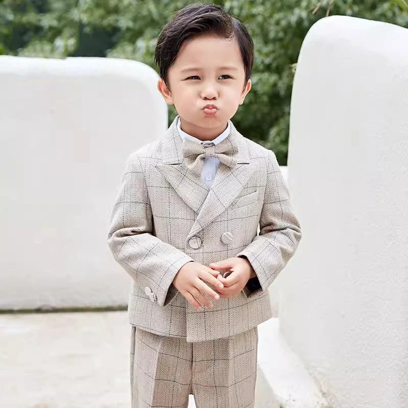 Timeless Beige Plaid Boys Suit Set