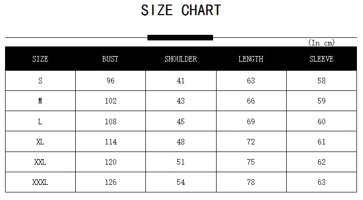 Size chart for clothing measurements in centimeters