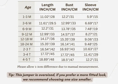 Size chart for custom kids name sweatshirt