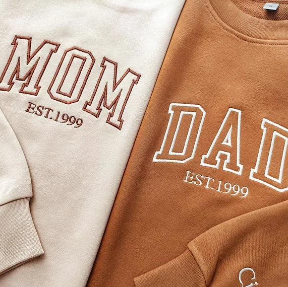 Two sweatshirts with 'MOM EST. 1999', 'DAD EST. 1999', and 'Cici' text on a neutral background.
