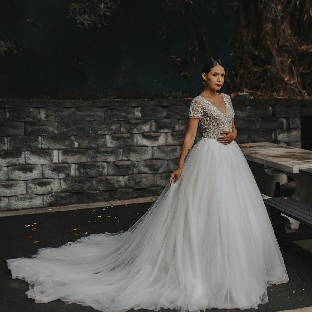 Makisha Bridal Gown | Sparkly Princess Wedding Dress with Floral Beading & Cathedral Train