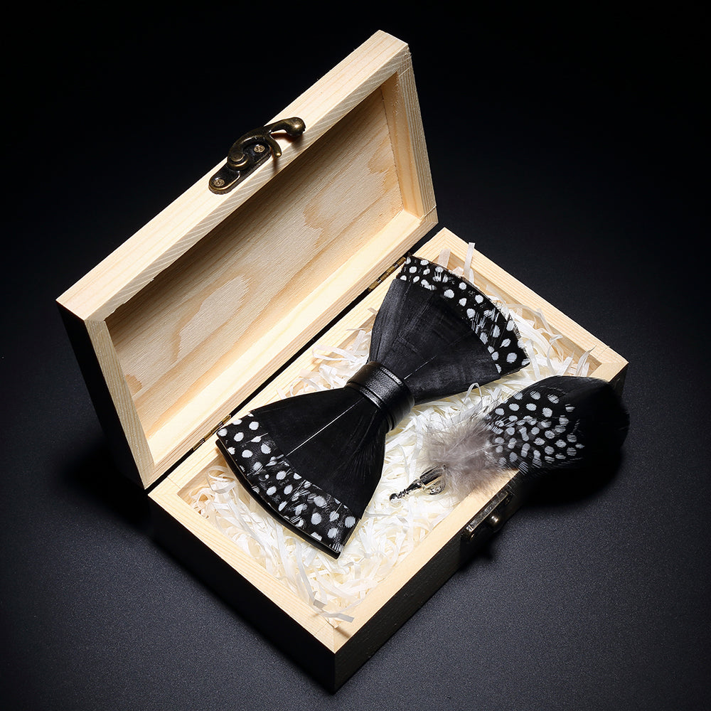 Handmade Feather Bowtie B&W Polka Dot